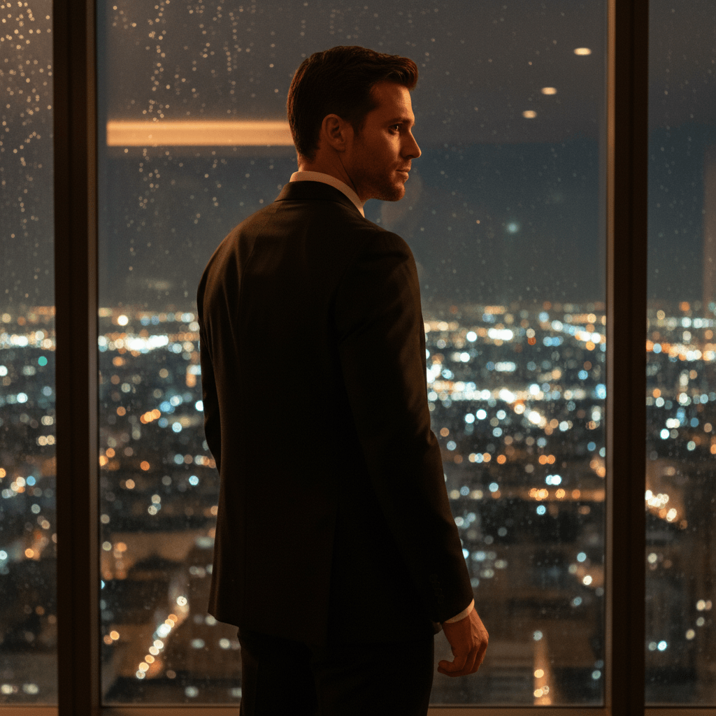 Damien Voss — powerful handsome man in black suit standing in luxury penthouse