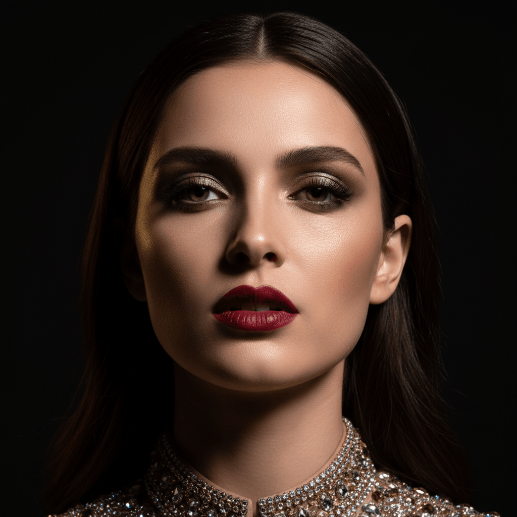 Aria Chen with red lips and intense gaze in dramatic lighting